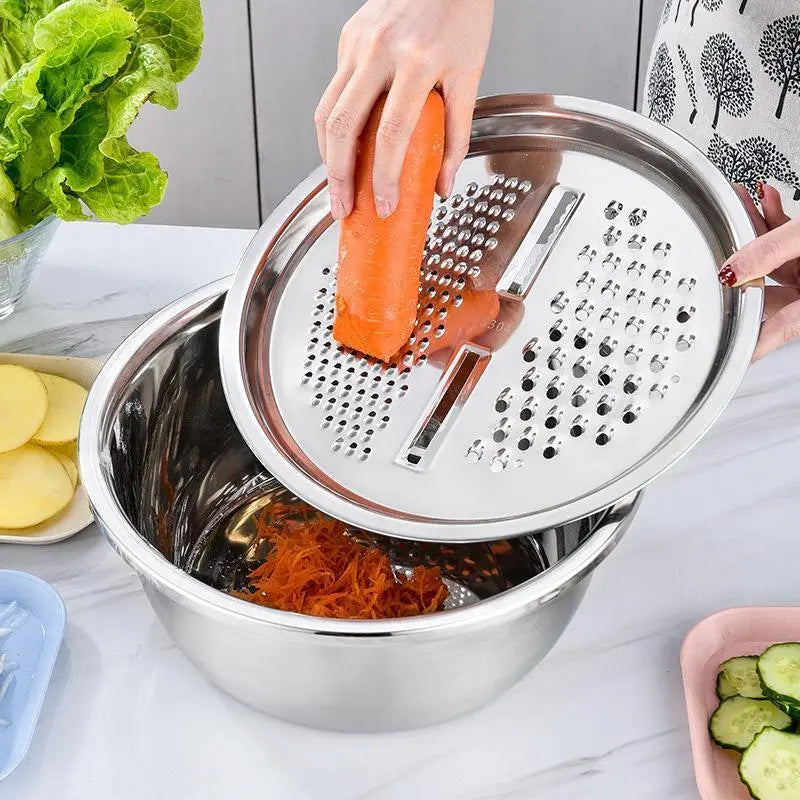 Homeessentials 3-in-1 Multifunctional Cutting Machine: Stainless Steel Strainer Set with Basin, Sieve, and Cutter for Washing Rice, Fruits, and Vegetables - Essential Kitchen Tool.