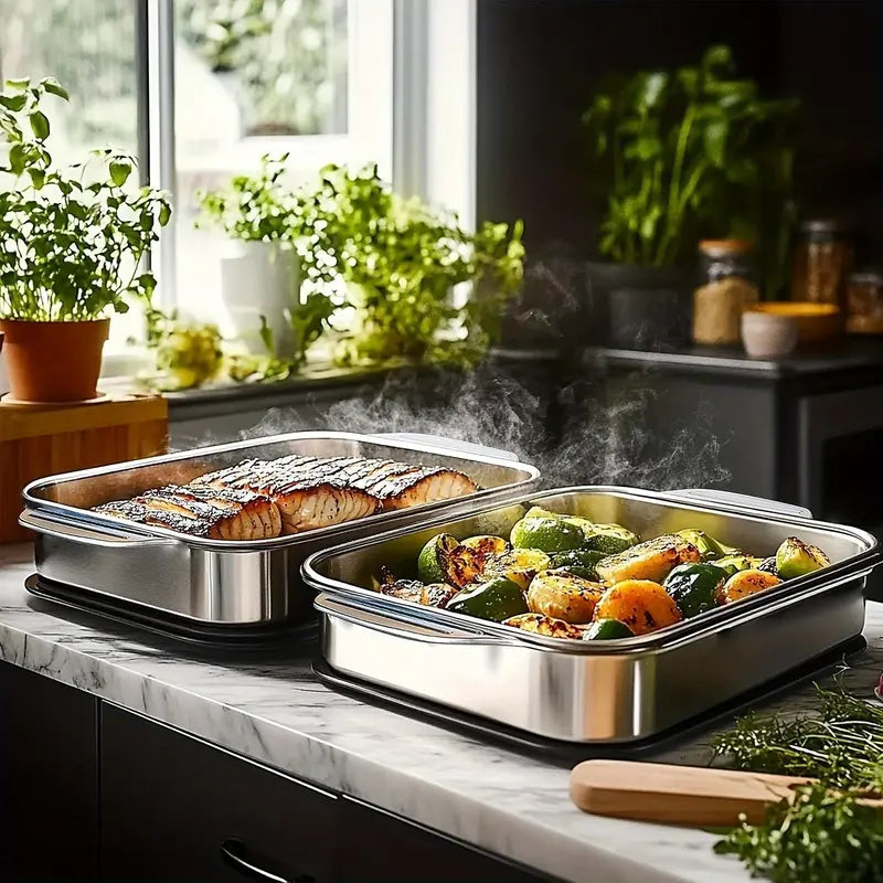 2-Pack Stainless Steel Deep Baking Pans with Lids & Handles – 6QT Large Capacity Roasting Trays, 16.14-Inch Lasagna/Fish/Chicken Roaster, Dishwasher Safe, Oven-Ready Set of 2