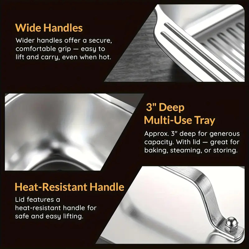 2-Pack Stainless Steel Deep Baking Pans with Lids & Handles – 6QT Large Capacity Roasting Trays, 16.14-Inch Lasagna/Fish/Chicken Roaster, Dishwasher Safe, Oven-Ready Set of 2