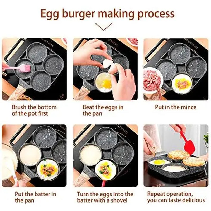 4-Hole Rectangular Aluminum Nonstick Medical Stone Coated Egg Frying Pan with Wooden Handle, Induction and Stovetop Compatible, Durable and Easy-to-Clean Omelet Maker Cookware