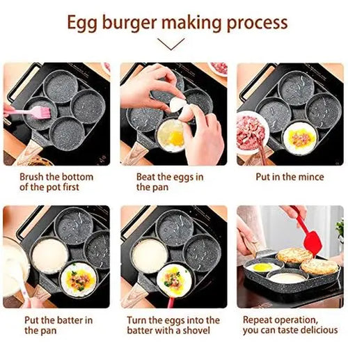 4-Hole Rectangular Aluminum Nonstick Medical Stone Coated Egg Frying Pan with Wooden Handle, Induction and Stovetop Compatible, Durable and Easy-to-Clean Omelet Maker Cookware