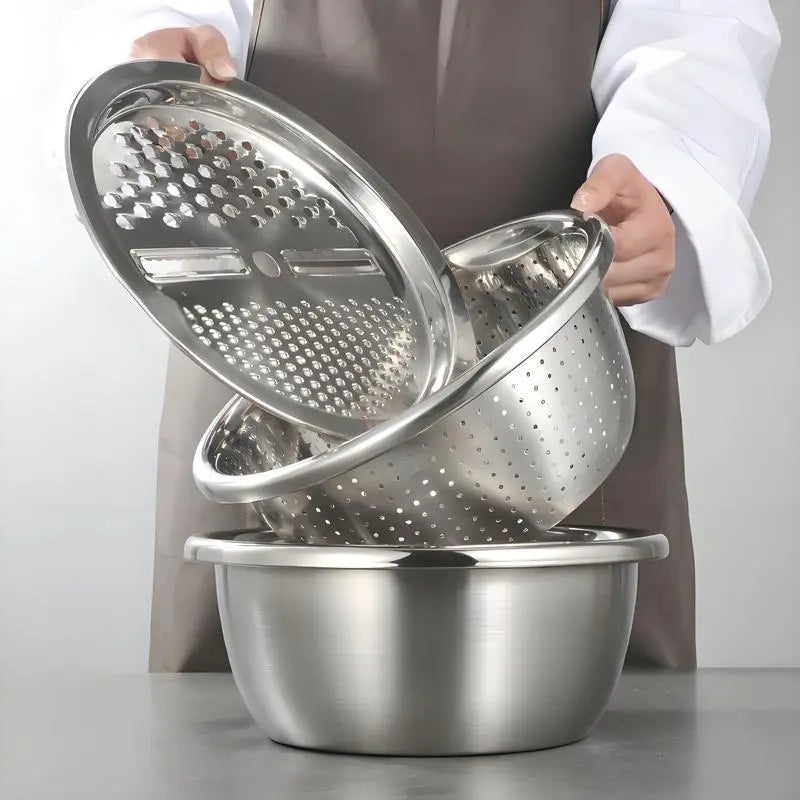 Homeessentials 3-in-1 Multifunctional Cutting Machine: Stainless Steel Strainer Set with Basin, Sieve, and Cutter for Washing Rice, Fruits, and Vegetables - Essential Kitchen Tool.