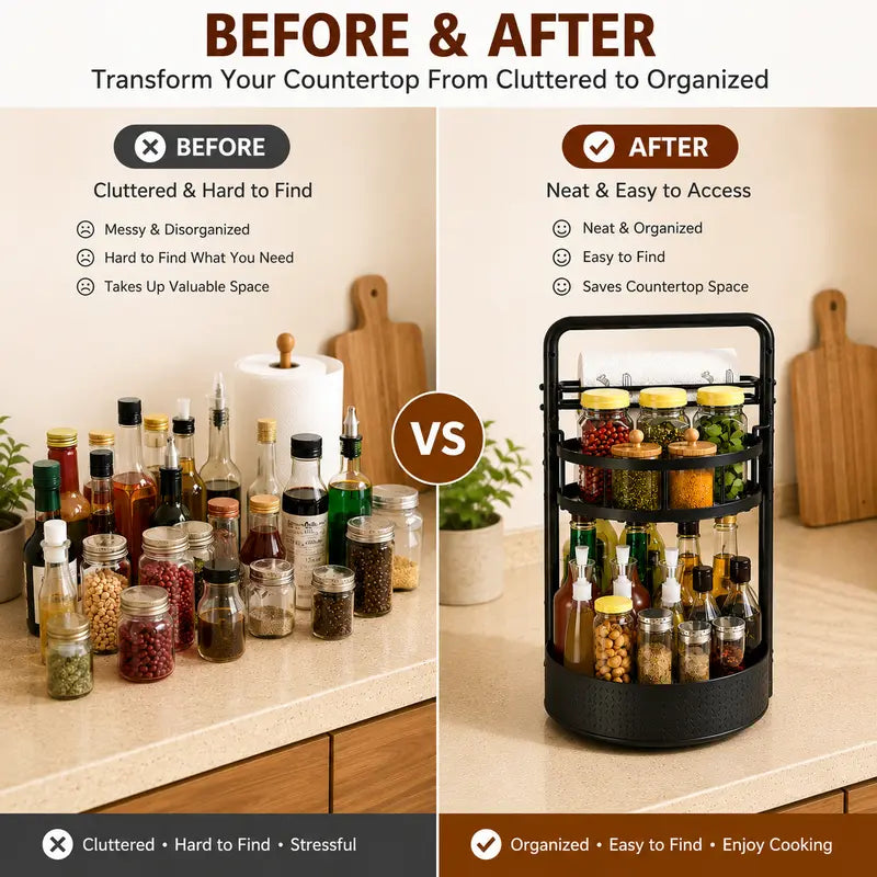 360° Rotating Spice Rack Lazy Susan Turntable Organizer, 2-Tier Adjustable Metal Storage Shelf for Kitchen Countertop, Cabinet & Pantry, Spice Organizer for Oils, Seasonings, Coffee Station & Kitchen Organization
