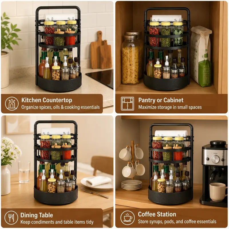 360° Rotating Spice Rack Lazy Susan Turntable Organizer, 2-Tier Adjustable Metal Storage Shelf for Kitchen Countertop, Cabinet & Pantry, Spice Organizer for Oils, Seasonings, Coffee Station & Kitchen Organization