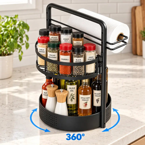 360° Rotating Spice Rack Lazy Susan Turntable Organizer, 2-Tier Adjustable Metal Storage Shelf for Kitchen Countertop, Cabinet & Pantry, Spice Organizer for Oils, Seasonings, Coffee Station & Kitchen Organization