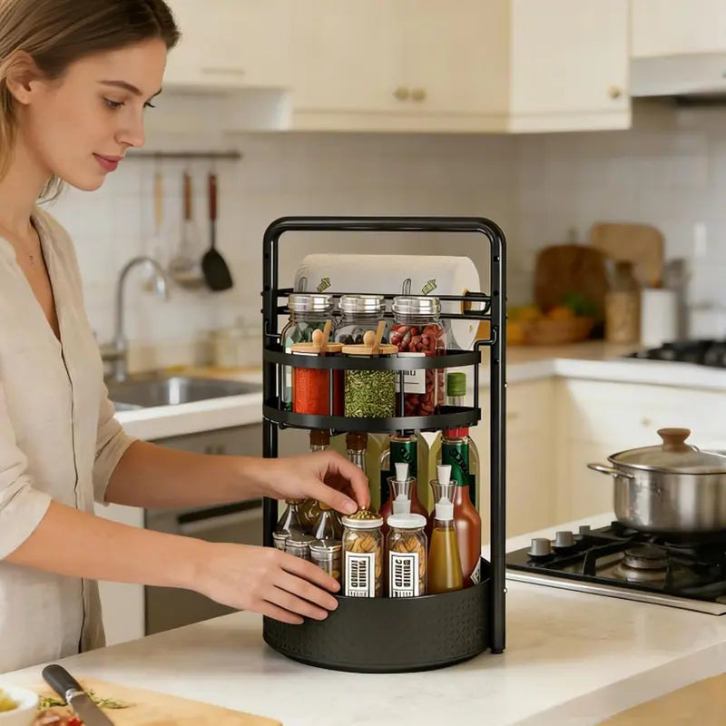 360° Rotating Spice Rack Lazy Susan Turntable Organizer, 2-Tier Adjustable Metal Storage Shelf for Kitchen Countertop, Cabinet & Pantry, Spice Organizer for Oils, Seasonings, Coffee Station & Kitchen Organization