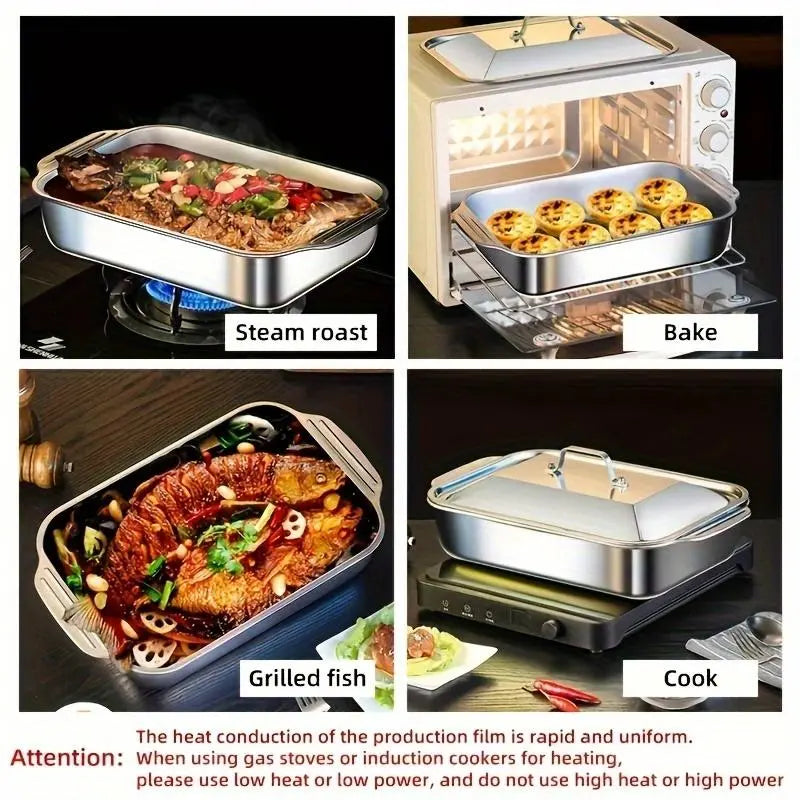 2-Pack Stainless Steel Deep Baking Pans with Lids & Handles – 6QT Large Capacity Roasting Trays, 16.14-Inch Lasagna/Fish/Chicken Roaster, Dishwasher Safe, Oven-Ready Set of 2