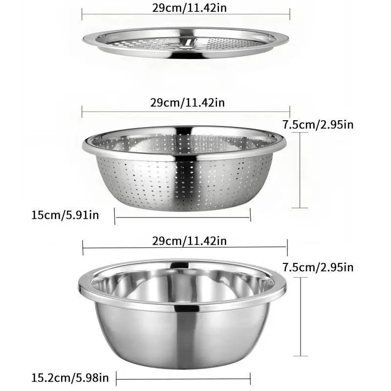 Homeessentials 3-in-1 Multifunctional Cutting Machine: Stainless Steel Strainer Set with Basin, Sieve, and Cutter for Washing Rice, Fruits, and Vegetables - Essential Kitchen Tool.