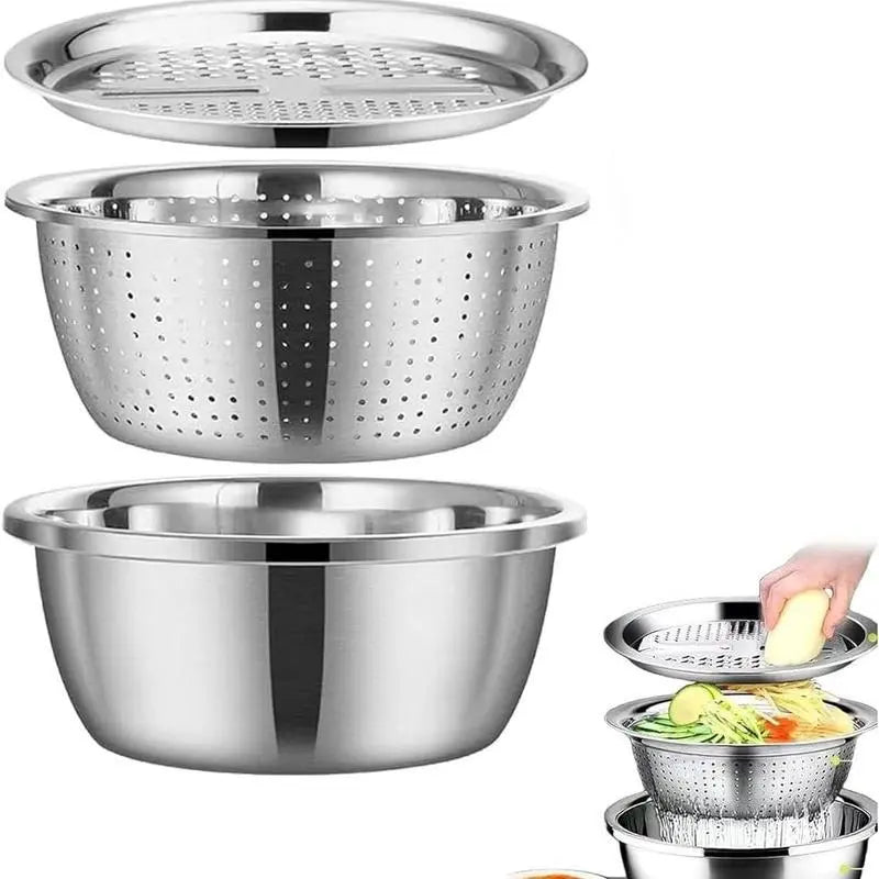 Homeessentials 3-in-1 Multifunctional Cutting Machine: Stainless Steel Strainer Set with Basin, Sieve, and Cutter for Washing Rice, Fruits, and Vegetables - Essential Kitchen Tool.