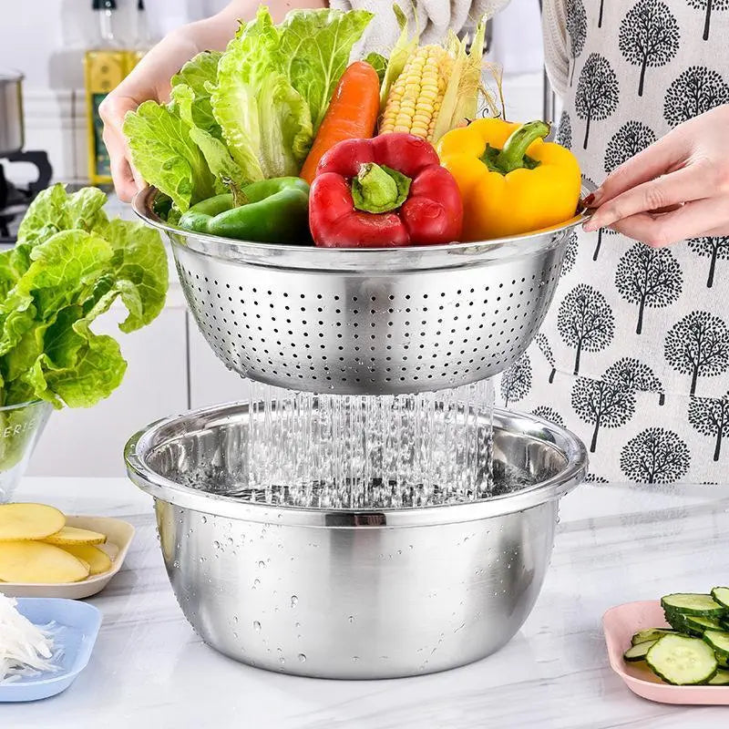 Homeessentials 3-in-1 Multifunctional Cutting Machine: Stainless Steel Strainer Set with Basin, Sieve, and Cutter for Washing Rice, Fruits, and Vegetables - Essential Kitchen Tool.