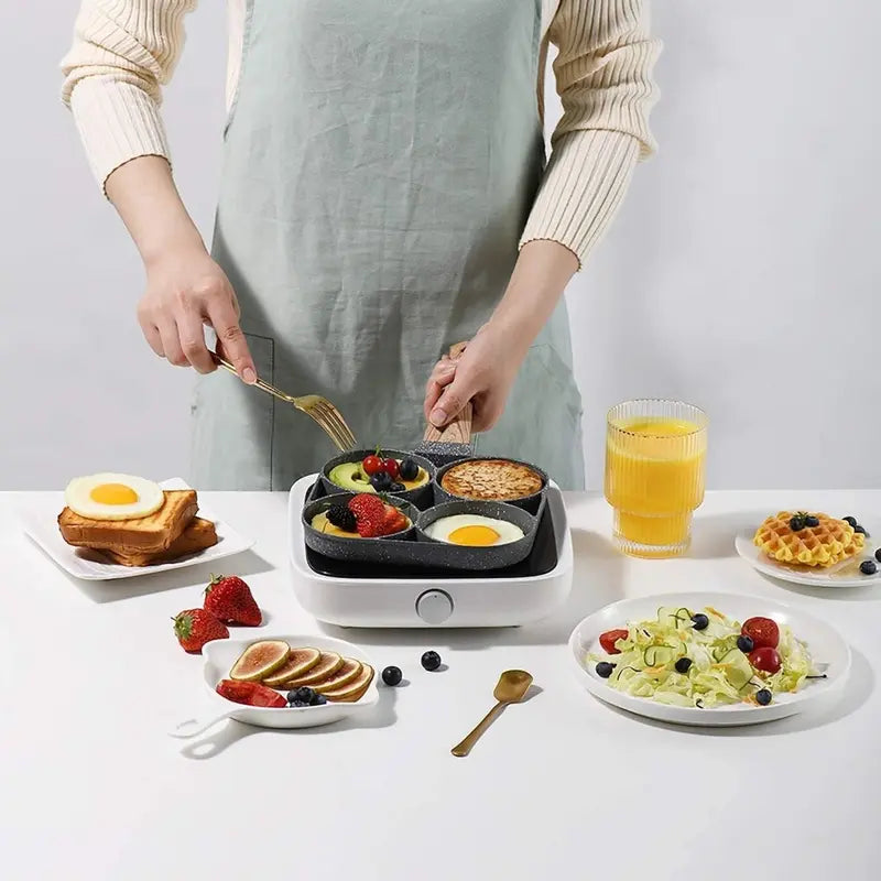 4-Hole Rectangular Aluminum Nonstick Medical Stone Coated Egg Frying Pan with Wooden Handle, Induction and Stovetop Compatible, Durable and Easy-to-Clean Omelet Maker Cookware