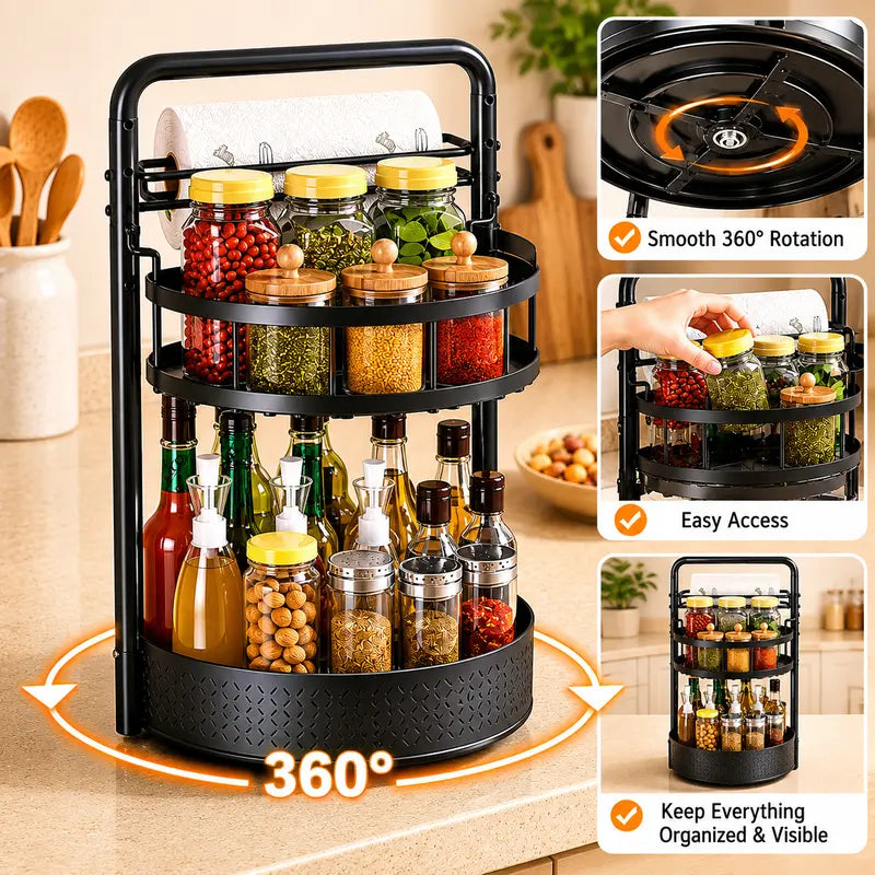 360° Rotating Spice Rack Lazy Susan Turntable Organizer, 2-Tier Adjustable Metal Storage Shelf for Kitchen Countertop, Cabinet & Pantry, Spice Organizer for Oils, Seasonings, Coffee Station & Kitchen Organization