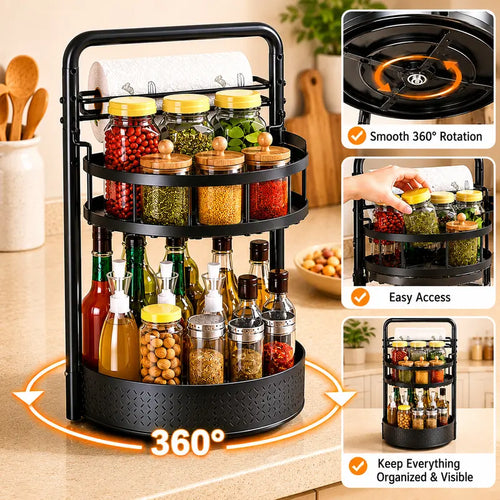 360° Rotating Spice Rack Lazy Susan Turntable Organizer, 2-Tier Adjustable Metal Storage Shelf for Kitchen Countertop, Cabinet & Pantry, Spice Organizer for Oils, Seasonings, Coffee Station & Kitchen Organization