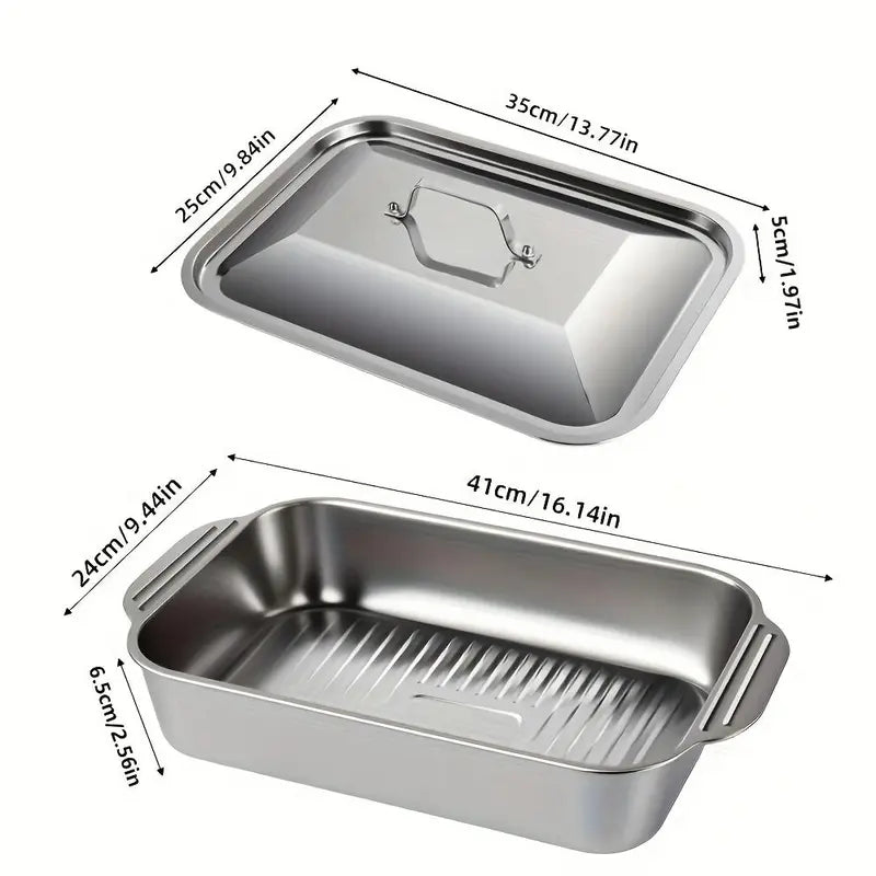 2-Pack Stainless Steel Deep Baking Pans with Lids & Handles – 6QT Large Capacity Roasting Trays, 16.14-Inch Lasagna/Fish/Chicken Roaster, Dishwasher Safe, Oven-Ready Set of 2