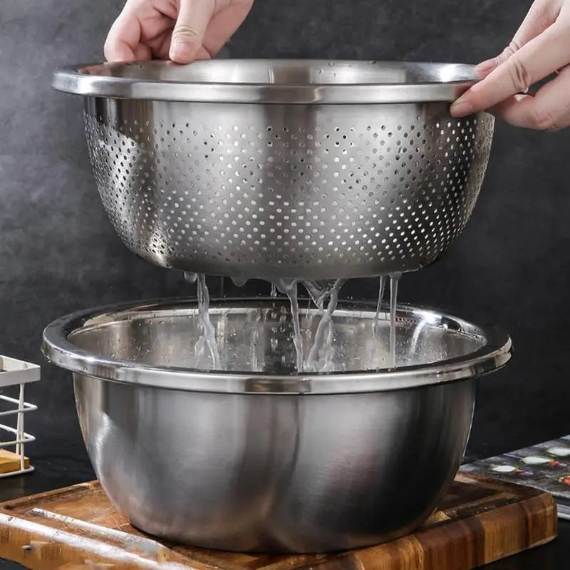 Homeessentials 3-in-1 Multifunctional Cutting Machine: Stainless Steel Strainer Set with Basin, Sieve, and Cutter for Washing Rice, Fruits, and Vegetables - Essential Kitchen Tool.