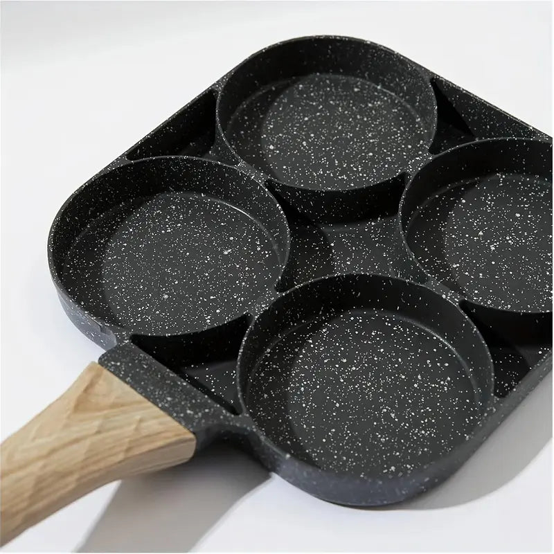 4-Hole Rectangular Aluminum Nonstick Medical Stone Coated Egg Frying Pan with Wooden Handle, Induction and Stovetop Compatible, Durable and Easy-to-Clean Omelet Maker Cookware