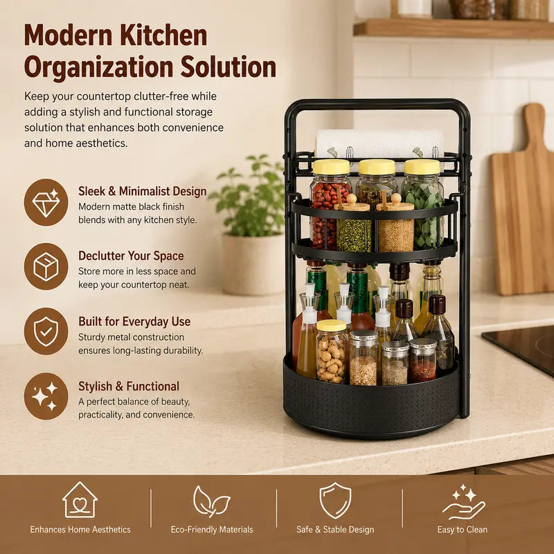 360° Rotating Spice Rack Lazy Susan Turntable Organizer, 2-Tier Adjustable Metal Storage Shelf for Kitchen Countertop, Cabinet & Pantry, Spice Organizer for Oils, Seasonings, Coffee Station & Kitchen Organization