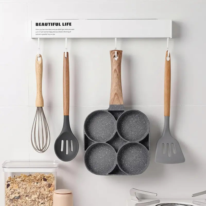4-Hole Rectangular Aluminum Nonstick Medical Stone Coated Egg Frying Pan with Wooden Handle, Induction and Stovetop Compatible, Durable and Easy-to-Clean Omelet Maker Cookware