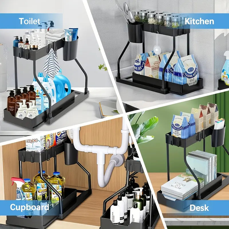 SITAKEYFMHK Heavy-Duty Double-Layer Pull-Out Spice Organizer for Kitchen Countertops and Under-Sink Cabinets