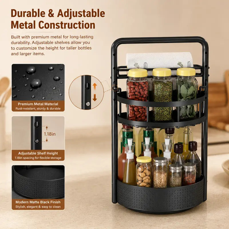 360° Rotating Spice Rack Lazy Susan Turntable Organizer, 2-Tier Adjustable Metal Storage Shelf for Kitchen Countertop, Cabinet & Pantry, Spice Organizer for Oils, Seasonings, Coffee Station & Kitchen Organization