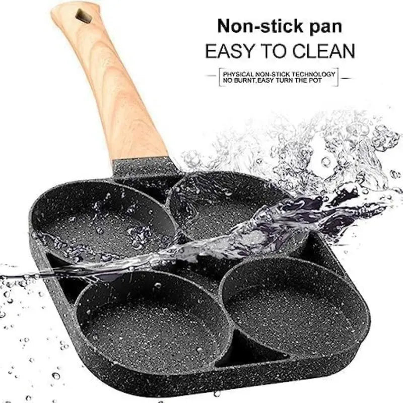 4-Hole Rectangular Aluminum Nonstick Medical Stone Coated Egg Frying Pan with Wooden Handle, Induction and Stovetop Compatible, Durable and Easy-to-Clean Omelet Maker Cookware