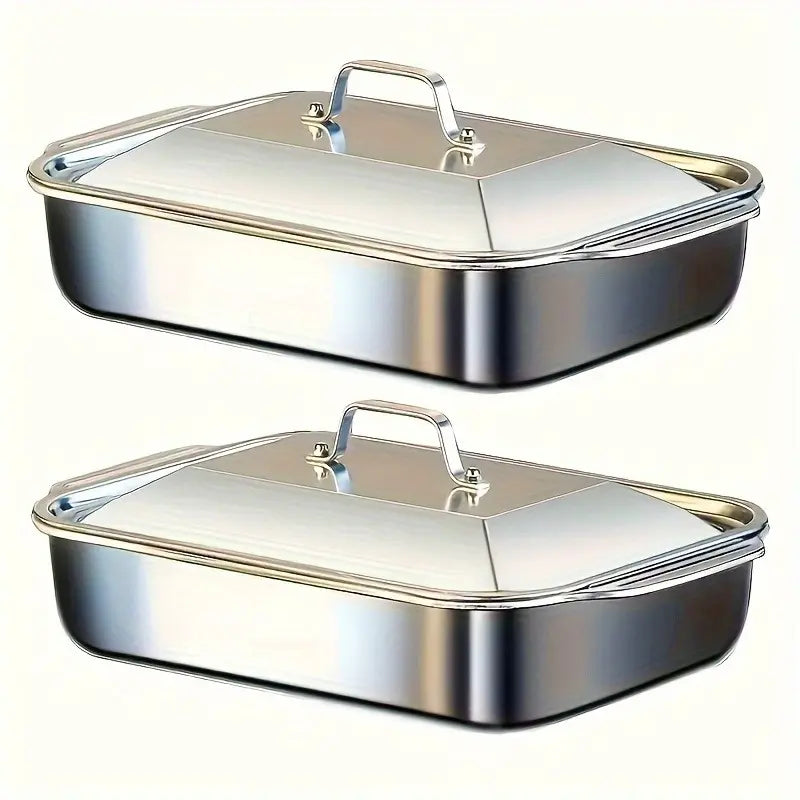 2-Pack Stainless Steel Deep Baking Pans with Lids & Handles – 6QT Large Capacity Roasting Trays, 16.14-Inch Lasagna/Fish/Chicken Roaster, Dishwasher Safe, Oven-Ready Set of 2