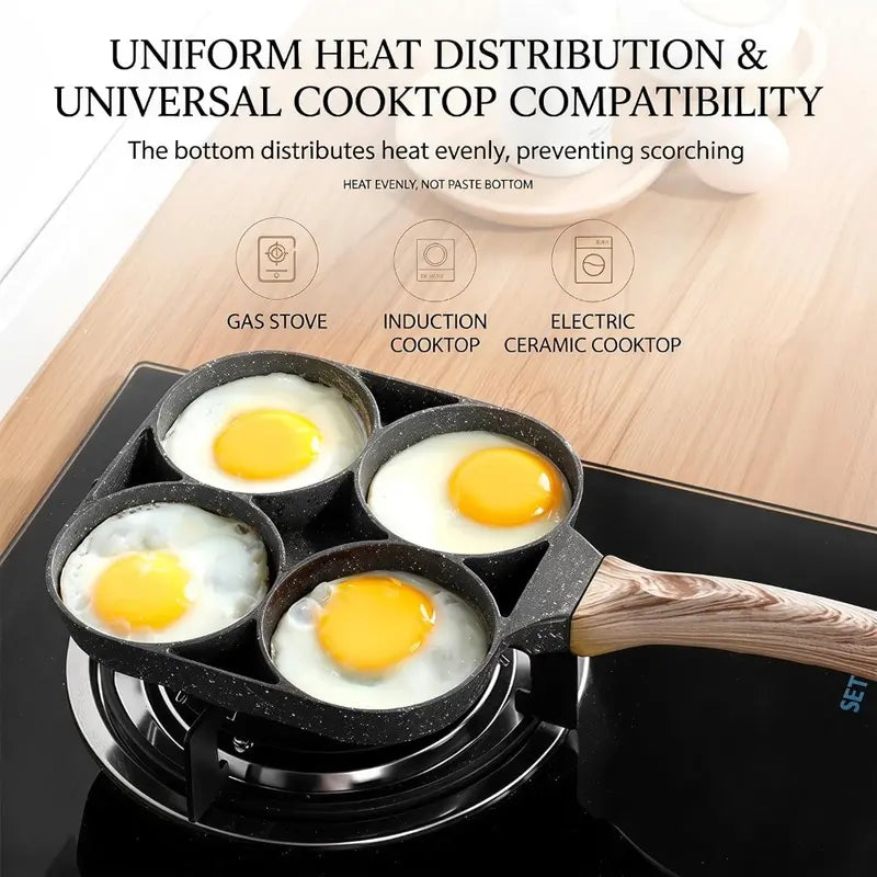 4-Hole Rectangular Aluminum Nonstick Medical Stone Coated Egg Frying Pan with Wooden Handle, Induction and Stovetop Compatible, Durable and Easy-to-Clean Omelet Maker Cookware