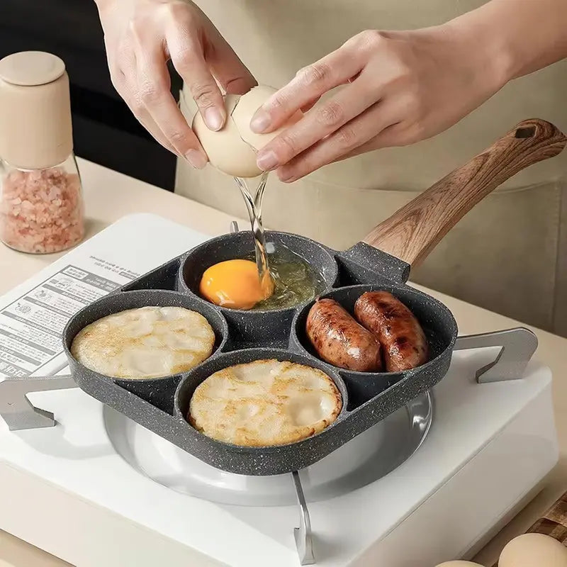 4-Hole Rectangular Aluminum Nonstick Medical Stone Coated Egg Frying Pan with Wooden Handle, Induction and Stovetop Compatible, Durable and Easy-to-Clean Omelet Maker Cookware