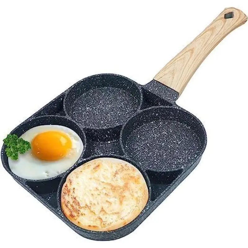 4-Hole Rectangular Aluminum Nonstick Medical Stone Coated Egg Frying Pan with Wooden Handle, Induction and Stovetop Compatible, Durable and Easy-to-Clean Omelet Maker Cookware