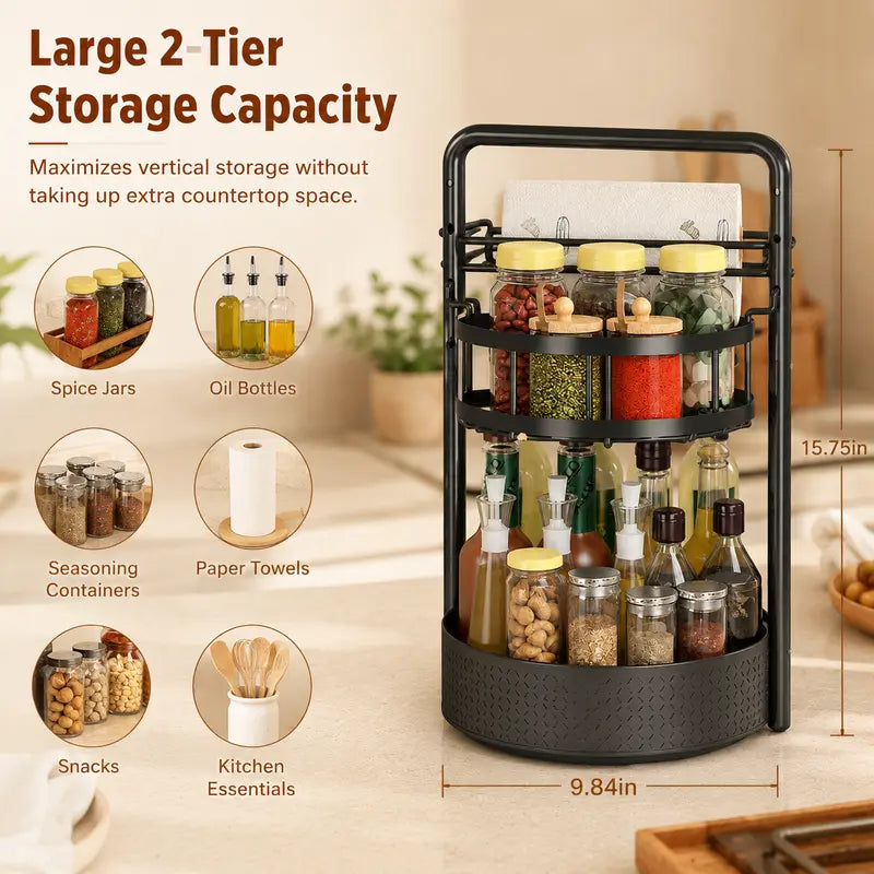 360° Rotating Spice Rack Lazy Susan Turntable Organizer, 2-Tier Adjustable Metal Storage Shelf for Kitchen Countertop, Cabinet & Pantry, Spice Organizer for Oils, Seasonings, Coffee Station & Kitchen Organization