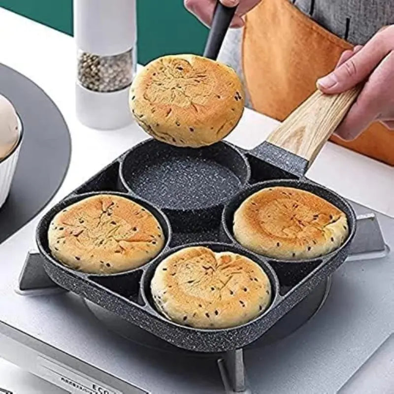 4-Hole Rectangular Aluminum Nonstick Medical Stone Coated Egg Frying Pan with Wooden Handle, Induction and Stovetop Compatible, Durable and Easy-to-Clean Omelet Maker Cookware