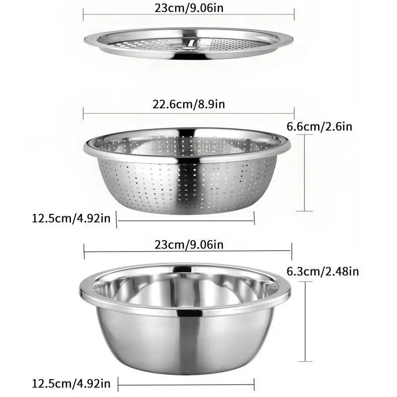 Homeessentials 3-in-1 Multifunctional Cutting Machine: Stainless Steel Strainer Set with Basin, Sieve, and Cutter for Washing Rice, Fruits, and Vegetables - Essential Kitchen Tool.