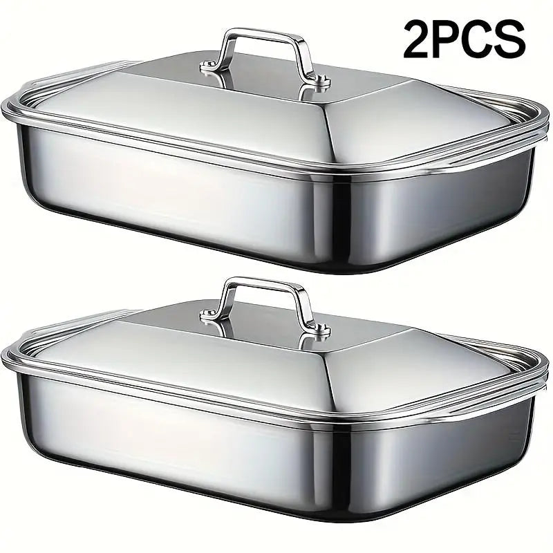 2-Pack Stainless Steel Deep Baking Pans with Lids & Handles – 6QT Large Capacity Roasting Trays, 16.14-Inch Lasagna/Fish/Chicken Roaster, Dishwasher Safe, Oven-Ready Set of 2