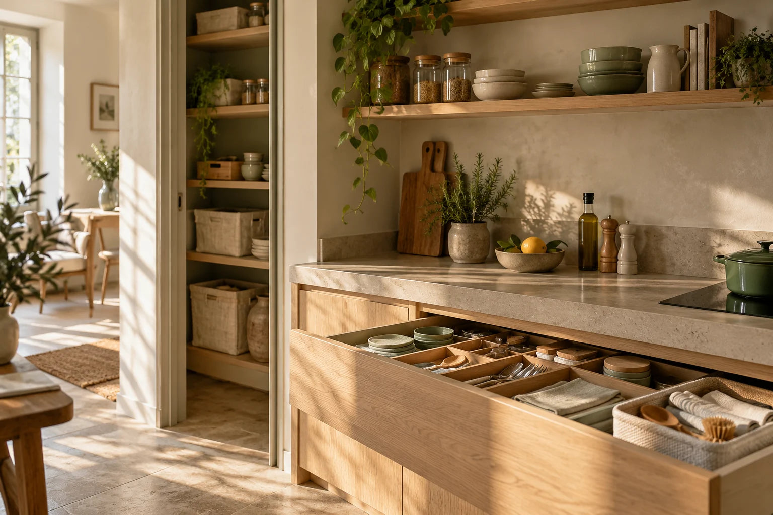 Ambientazione illustrativa di una cucina ordinata nei toni del legno e della salvia